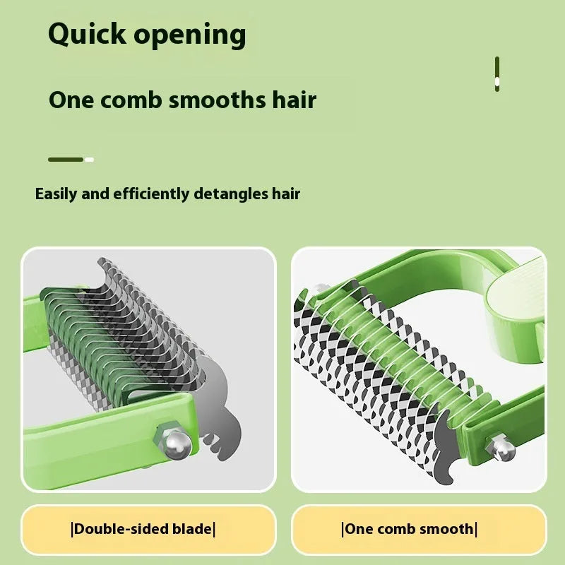 Green or grey dog grooming comb with stainless steel teeth for unknotting pet hair