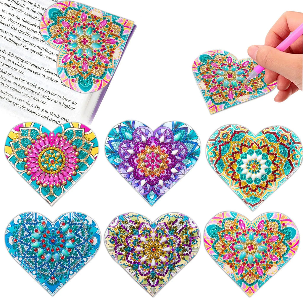 Six handmade PU leather bookmarks with crystal flower cornerite designs