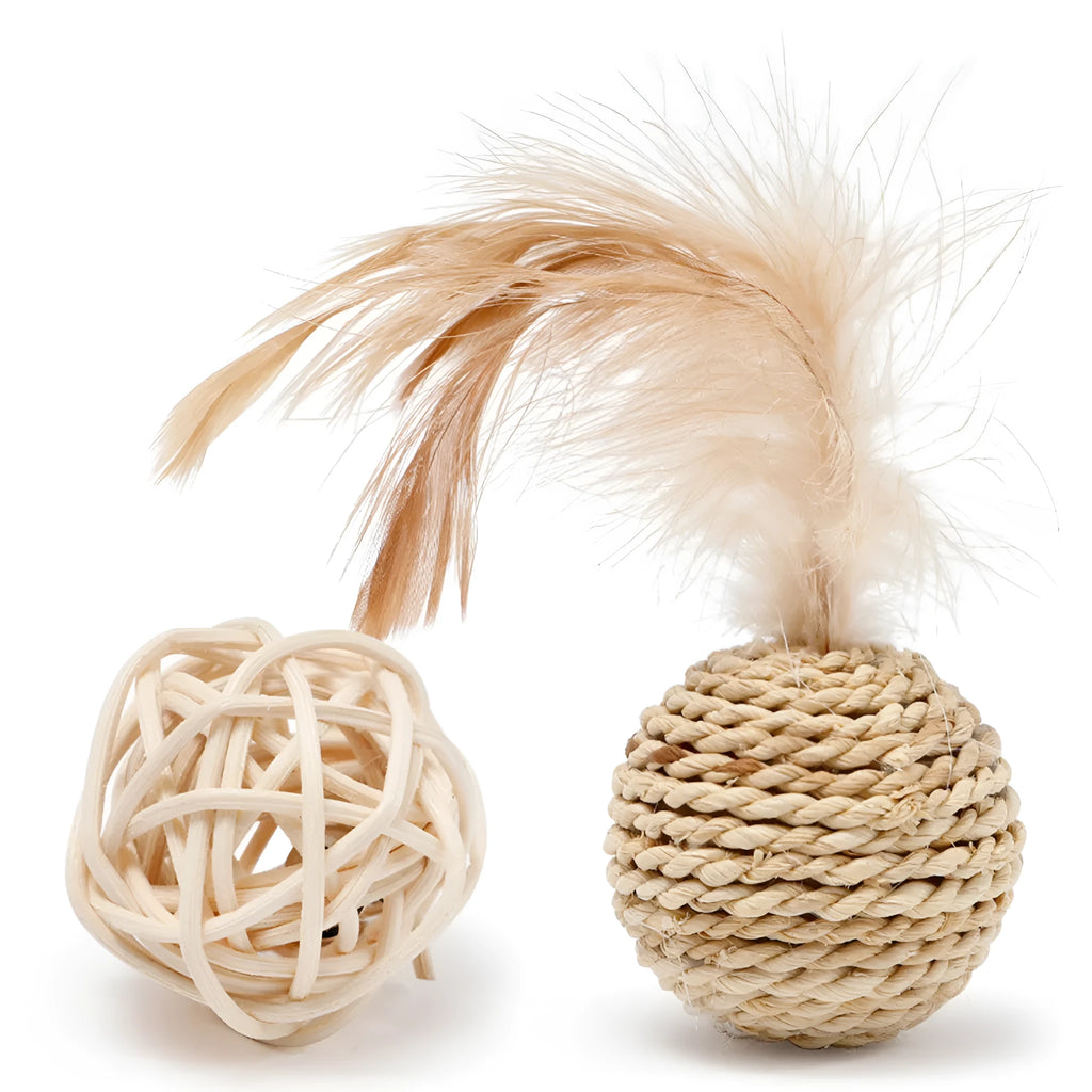 Two cat toys: hollow rattan ball and faux feather bell ball for interactive pet play.