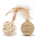 Two cat toys: hollow rattan ball and faux feather bell ball for interactive pet play.