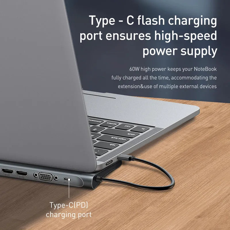 Grey aluminium USB-C docking station with cooling bracket showing ten connectivity ports