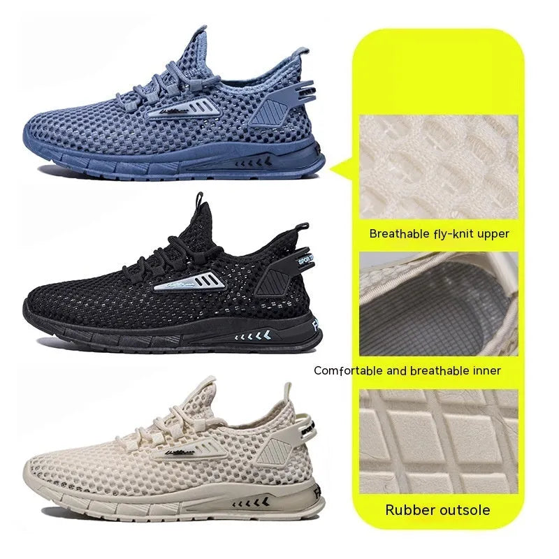 Men's beige casual sneaker with synthetic leather upper and mesh lining, shown with lace-up front.