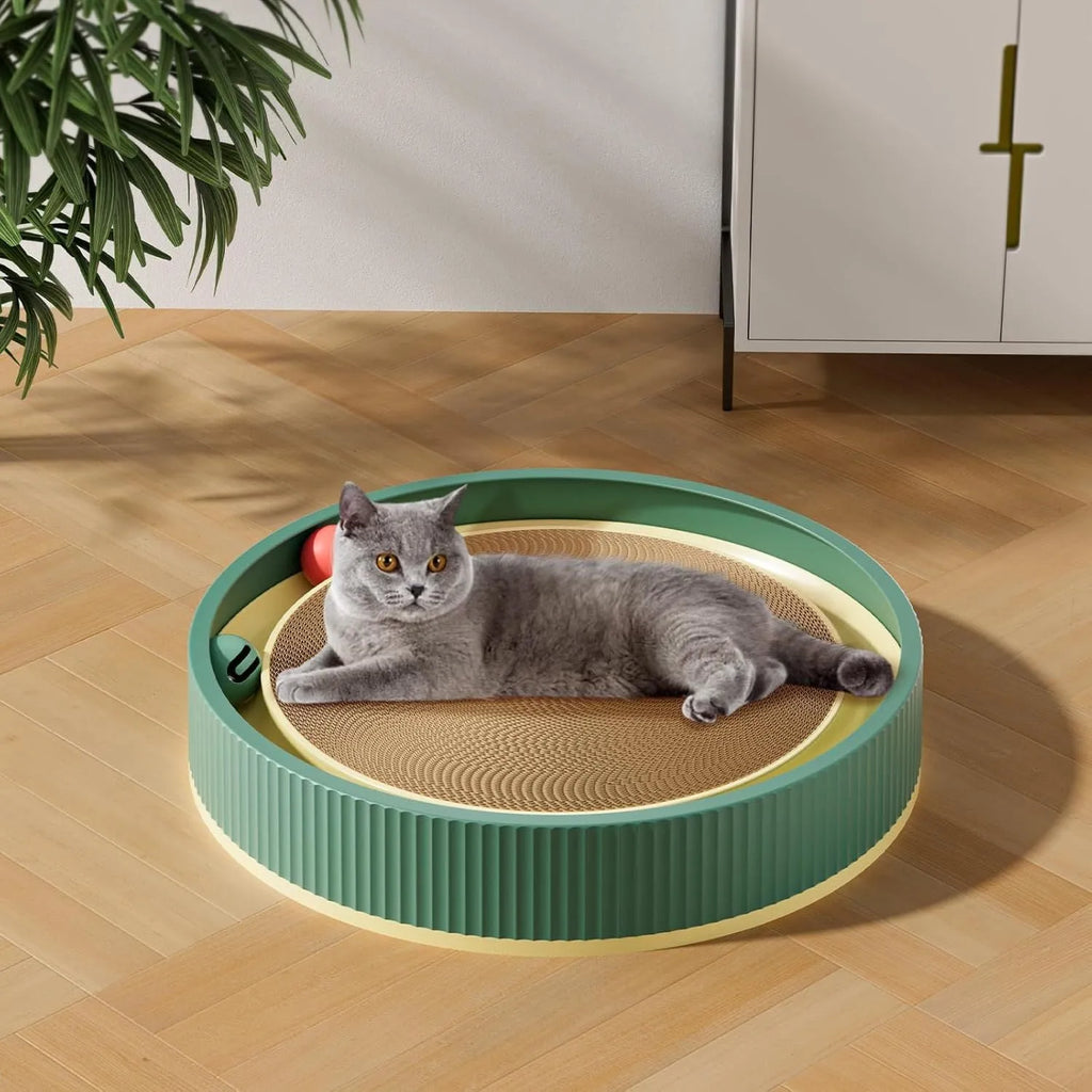 Large green cat scratching board with replaceable core, bell balls, and spring plush toy for indoor cats