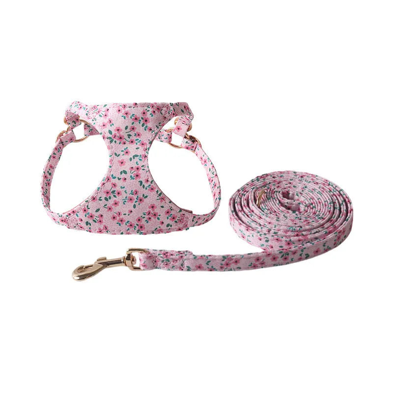 Floral series dog harness and leash set in cloth material with multiple colour options