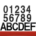 Black stainless steel sticky house number set showing individual letters and digits, 7.5cm in size.