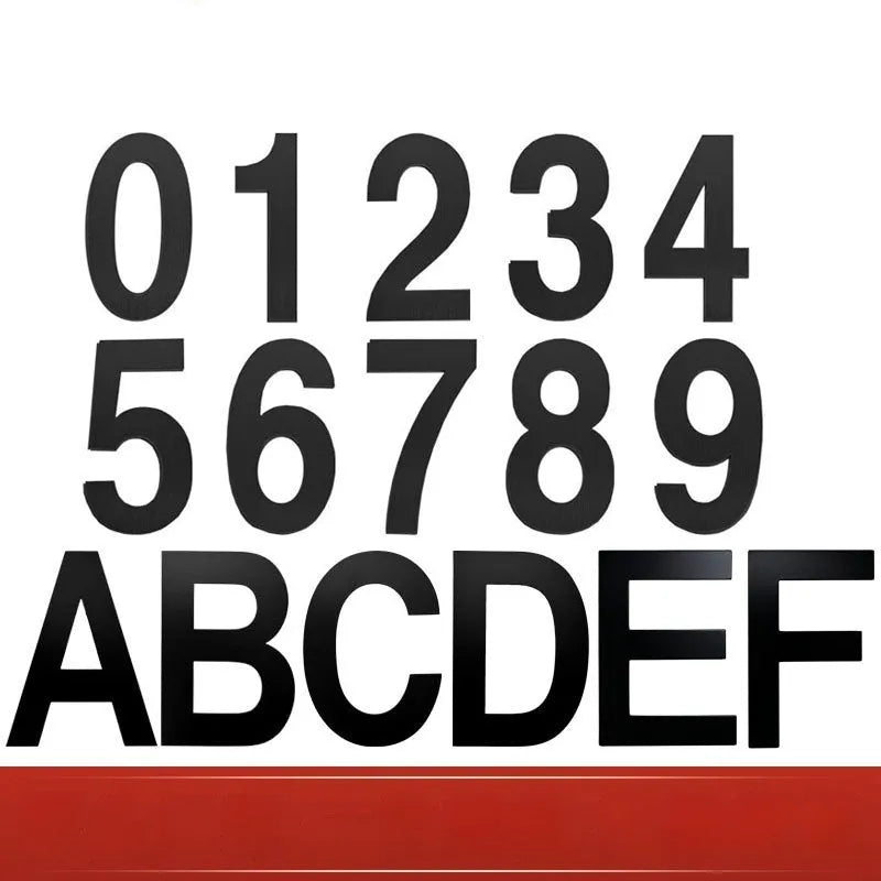 Black stainless steel sticky house number set showing individual letters and digits, 7.5cm in size.