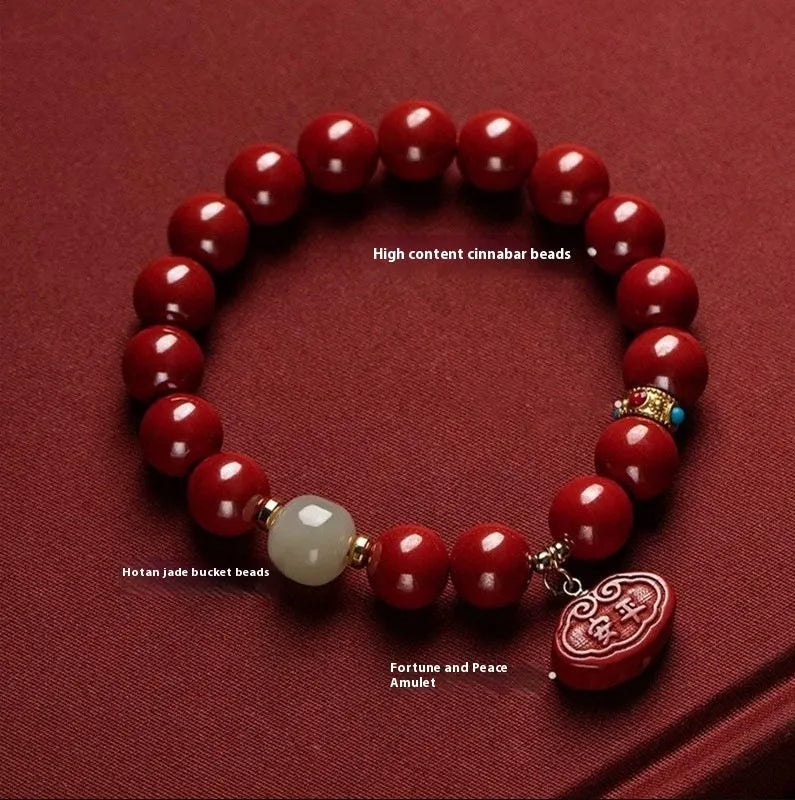 Natural cinnabar Emperor sandstone Ping An Fu Lu bracelet with 8mm and 10mm size options.