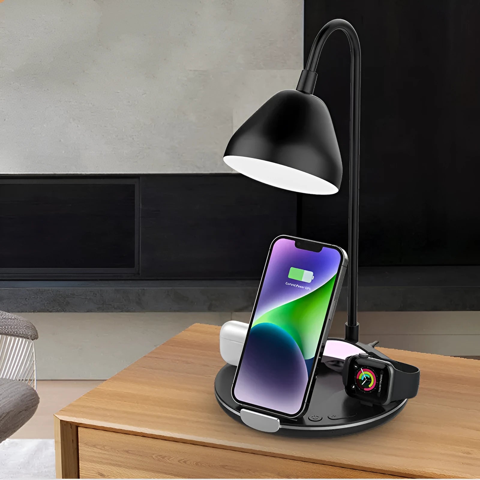 Magnetic folding wireless charger in black colour showing folded and open positions