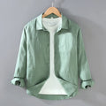 Pure linen men's cardigan shirt in solid colour with long sleeves and simple design