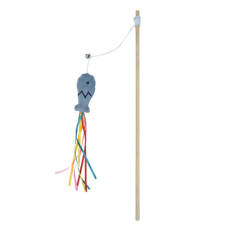 Interactive cat wand toy with wooden handle, colourful ribbons, catnip fish, and bell for indoor cat play
