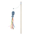 Interactive cat wand toy with wooden handle, colourful ribbons, catnip fish, and bell for indoor cat play