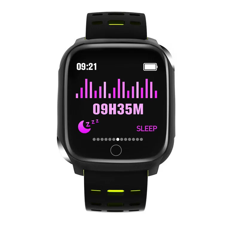 F16 Smart Watch with ECG monitoring on a silicone wristband in black, grey, green or red colour options.
