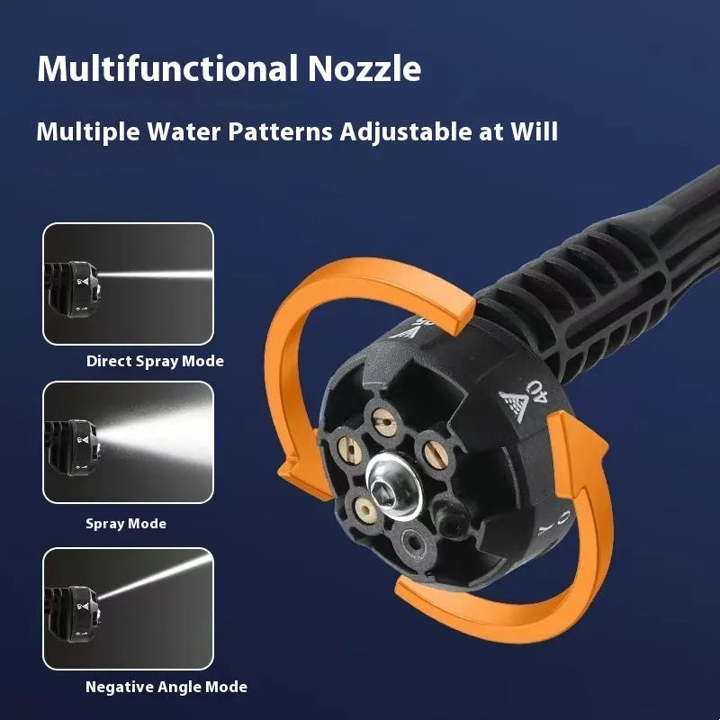 Wireless high-pressure water gun with metal head and plastic body, shown with battery, nozzles, and extension attachments.