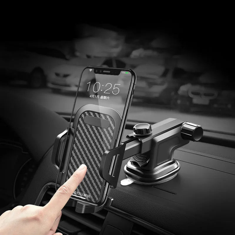 Black car windscreen phone holder for smartphones between 4 and 7 inches wide.