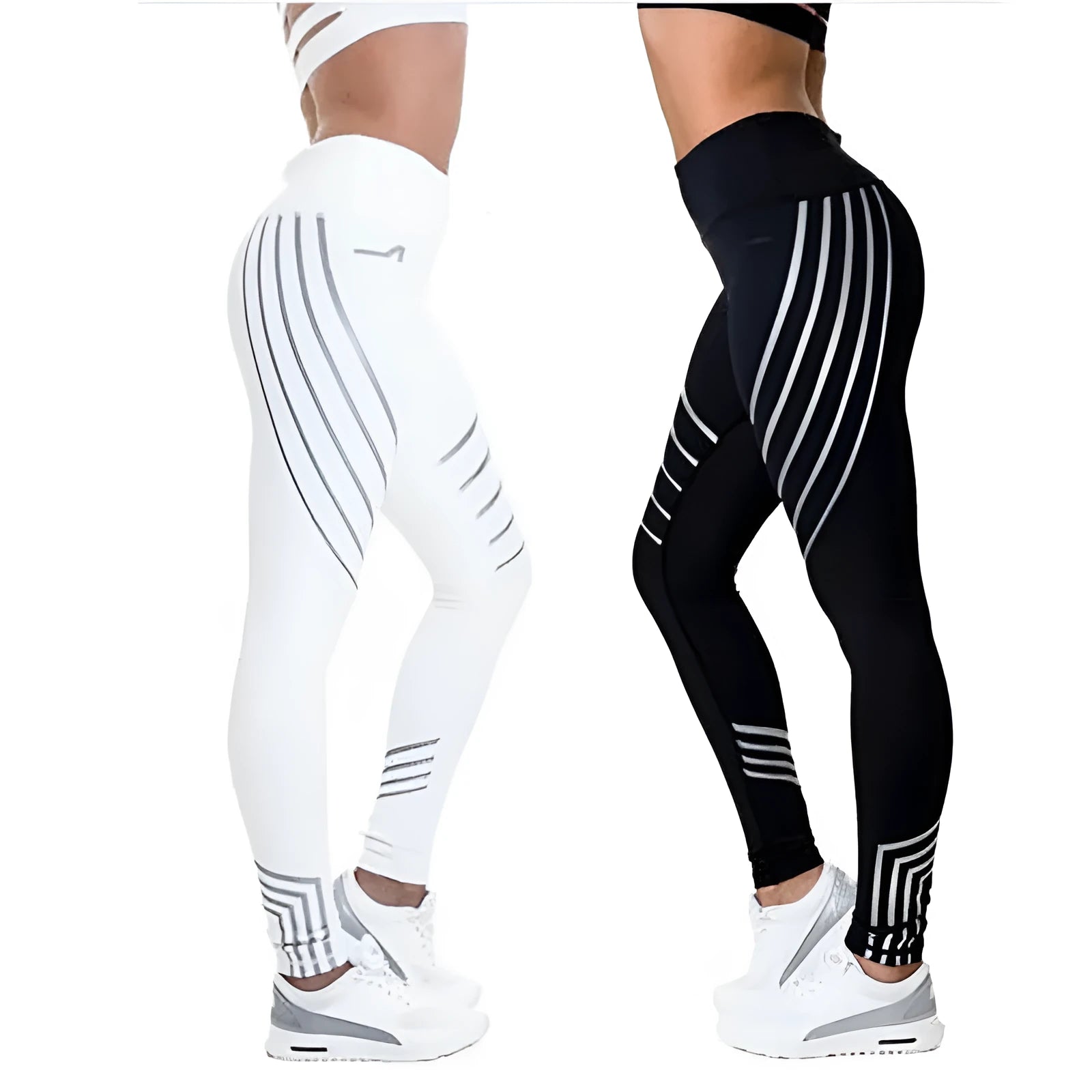 Woman wearing black glow-in-the-dark printed milk silk workout leggings for fitness.