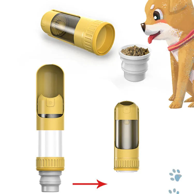 Portable dog water bottle with built-in bowl in dark blue, white, or yellow