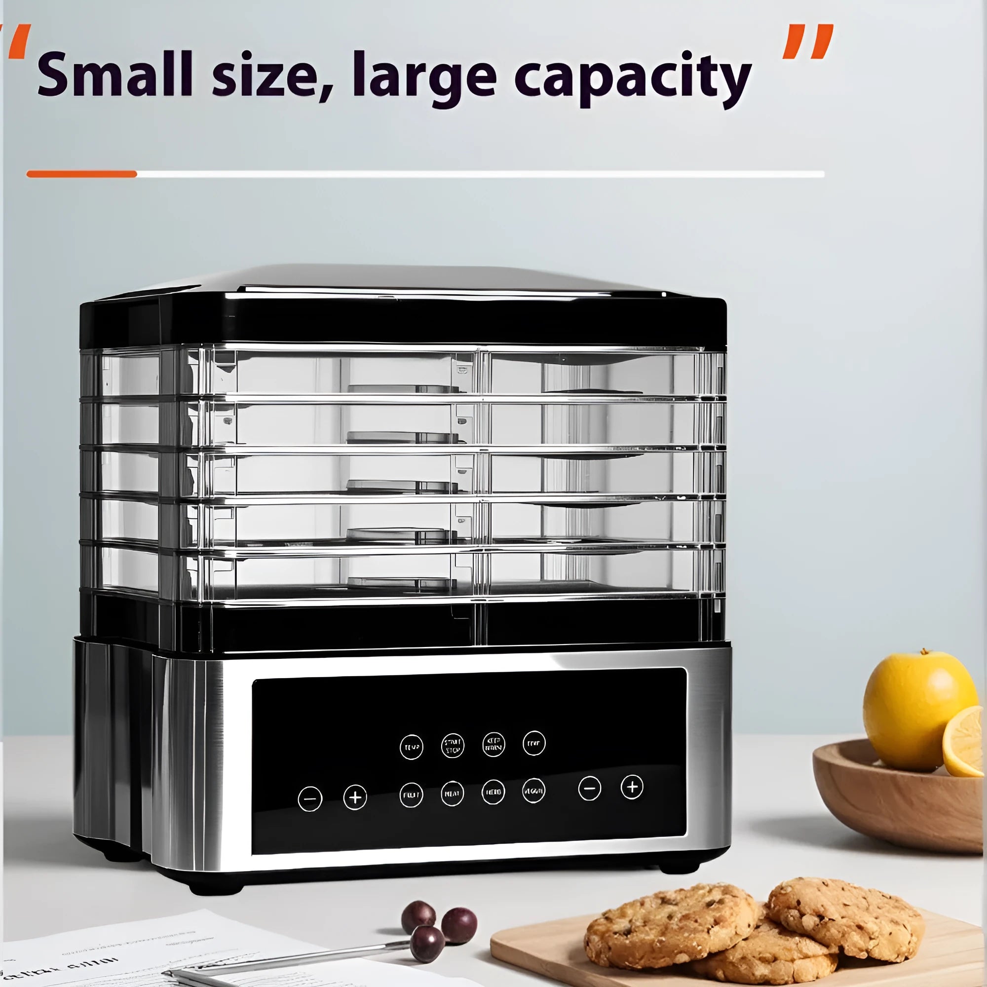 Silver stainless steel fruit dehydrator with 14L capacity and adjustable temperature control