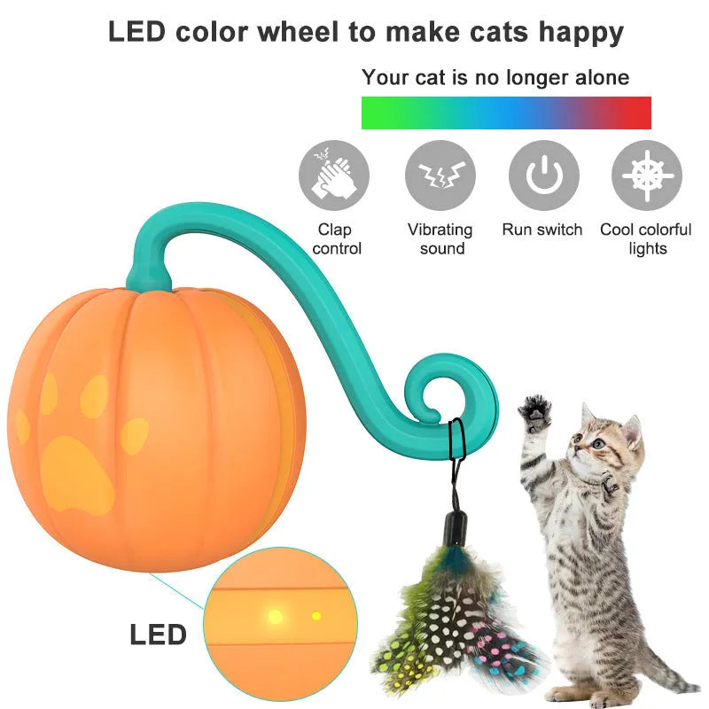 Electric LED light-up cat ball toy in watermelon red and green or orange pumpkin design.
