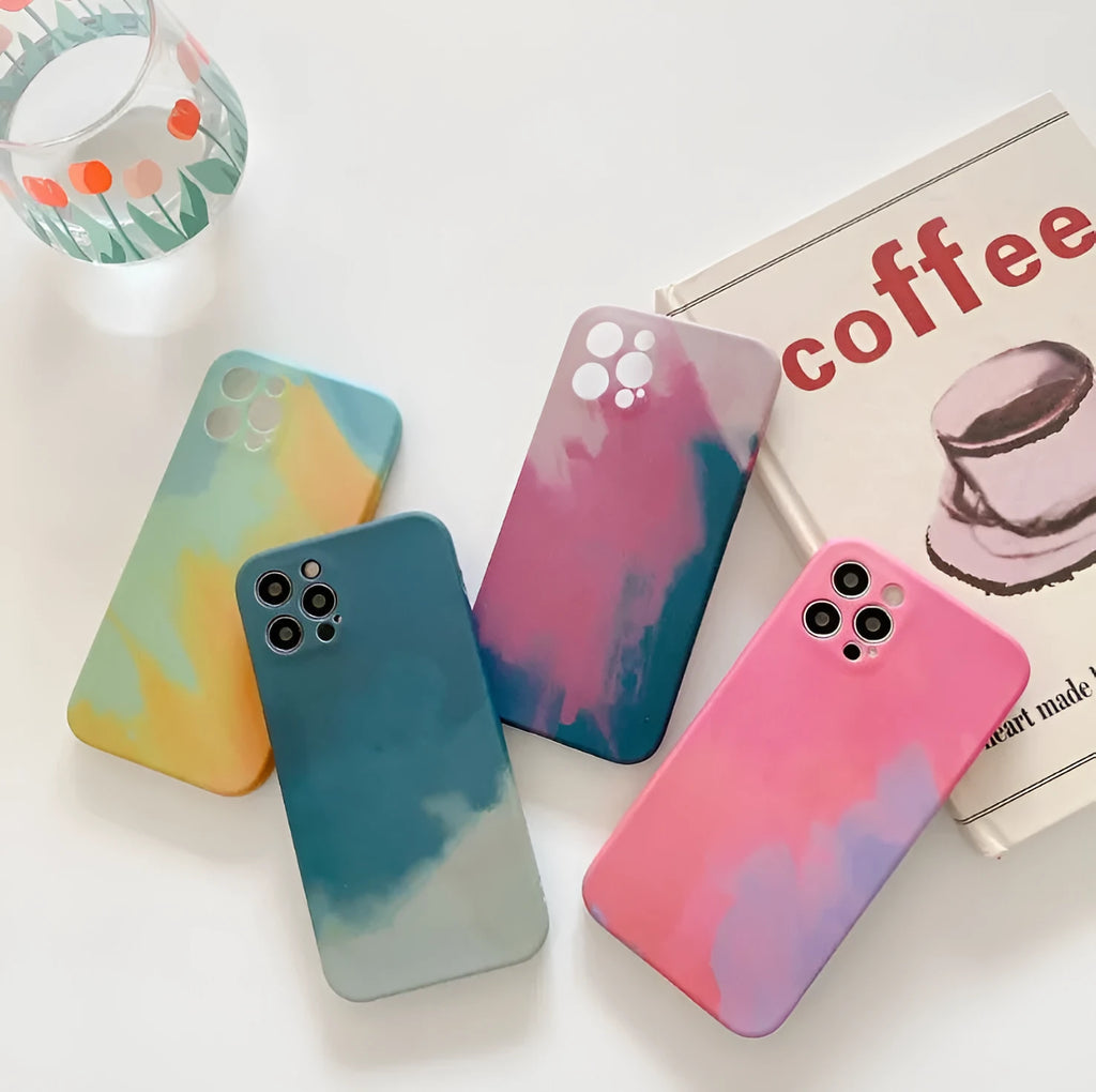 Soft silicone iPhone case with abstract oil painting gradient geometry pattern in blue, green, pink, or purple