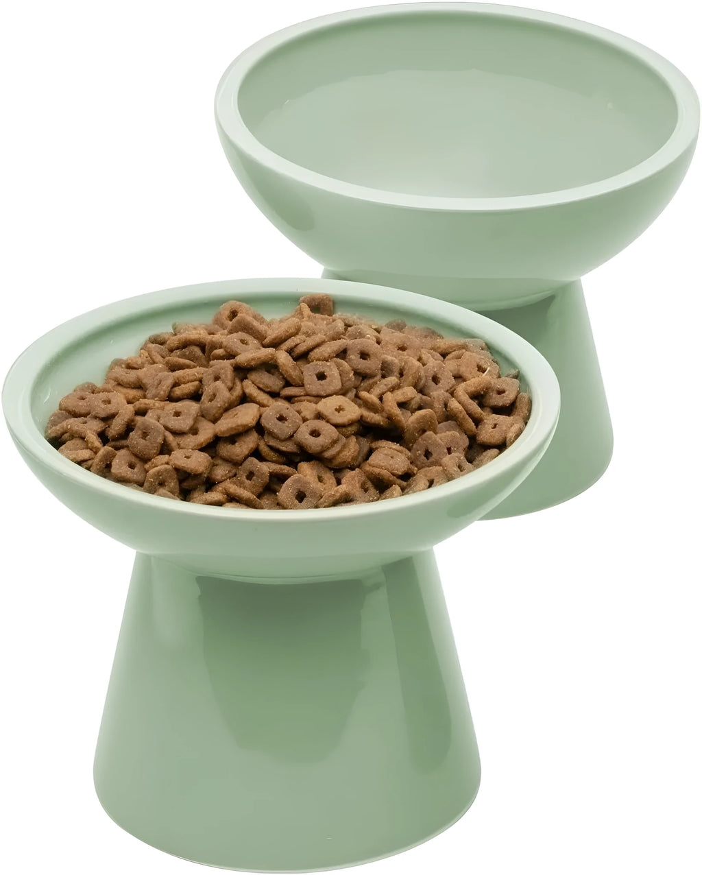 Blue ceramic elevated cat food bowl with wide shallow dish for whisker fatigue prevention.