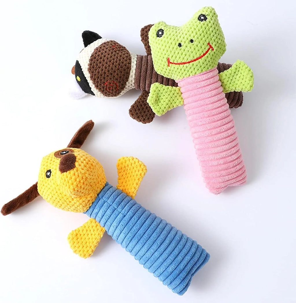 Soft plush dog squeaky toy in stuffed animal shape for dental cleaning chew.
