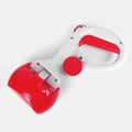 Blue pet pooper scooper with built-in trash bag holder and a hanging hook on a green lawn
