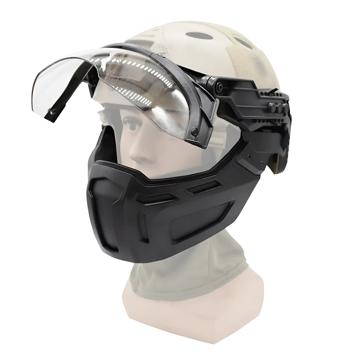 Tactical half face mask in nylon, black colour, folding design for outdoor use