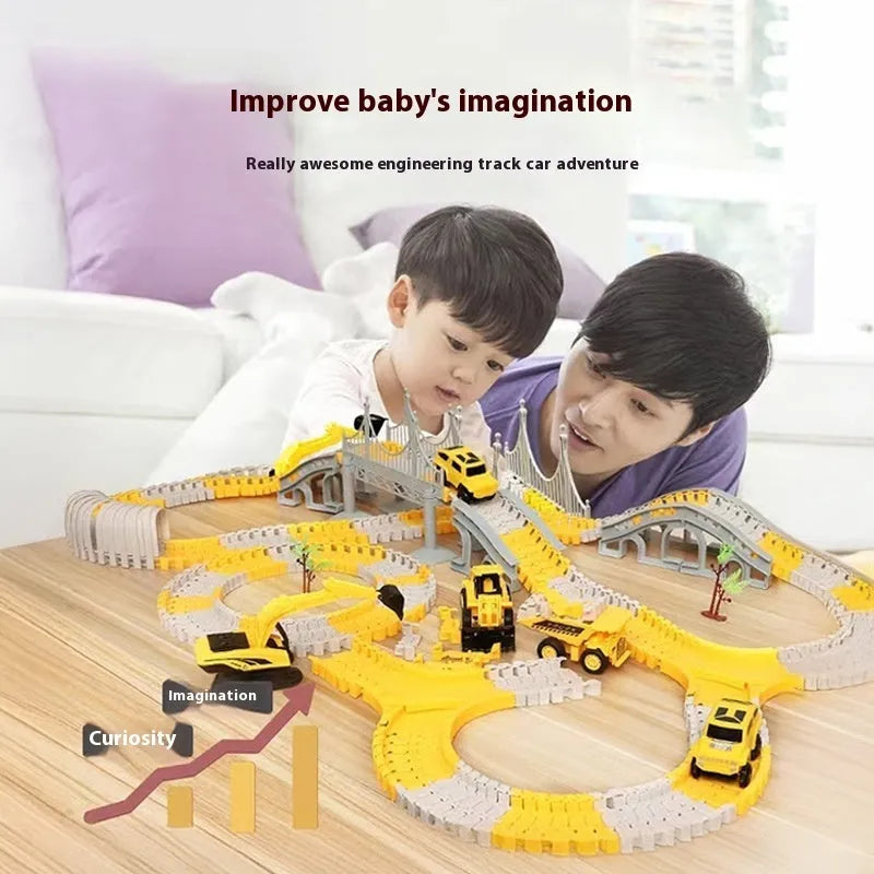 Rail car toy set with plastic track pieces and two electric cars in multiple piece counts