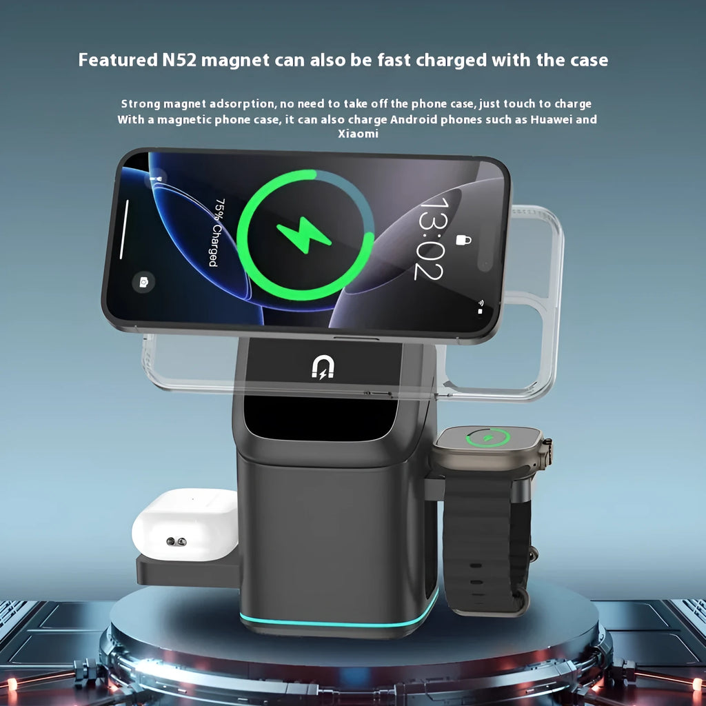 Mobile phone magnetic wireless charging stand showing 180-degree rotation capability
