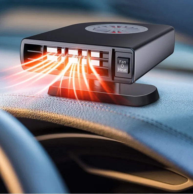 Black compact vehicle-mounted heater for car windscreen defrosting, shown with 12V plug.