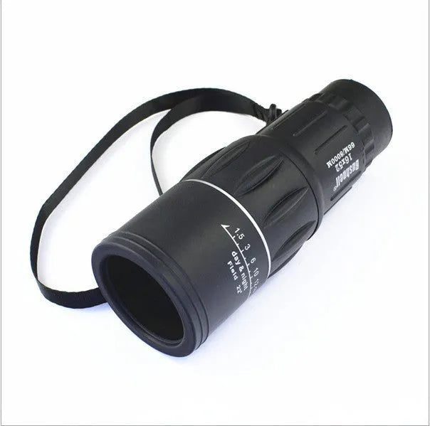 Black 16x52 high-power monocular with eyepiece focus and 52mm objective lens.
