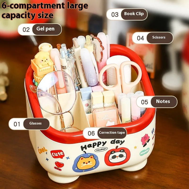 Red and brown cartoon-style desktop organiser with grid compartments for stationery and cosmetics.