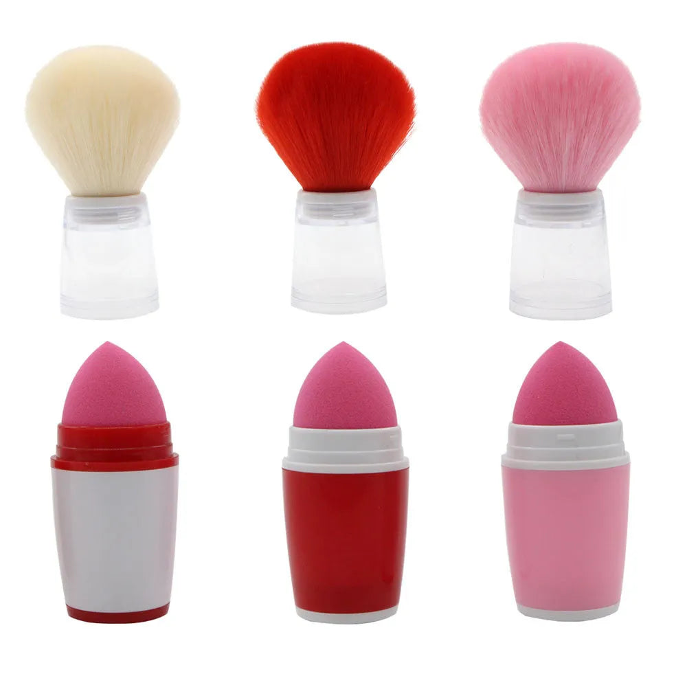 Portable blush brush with synthetic hair head and plastic handle in pink colour