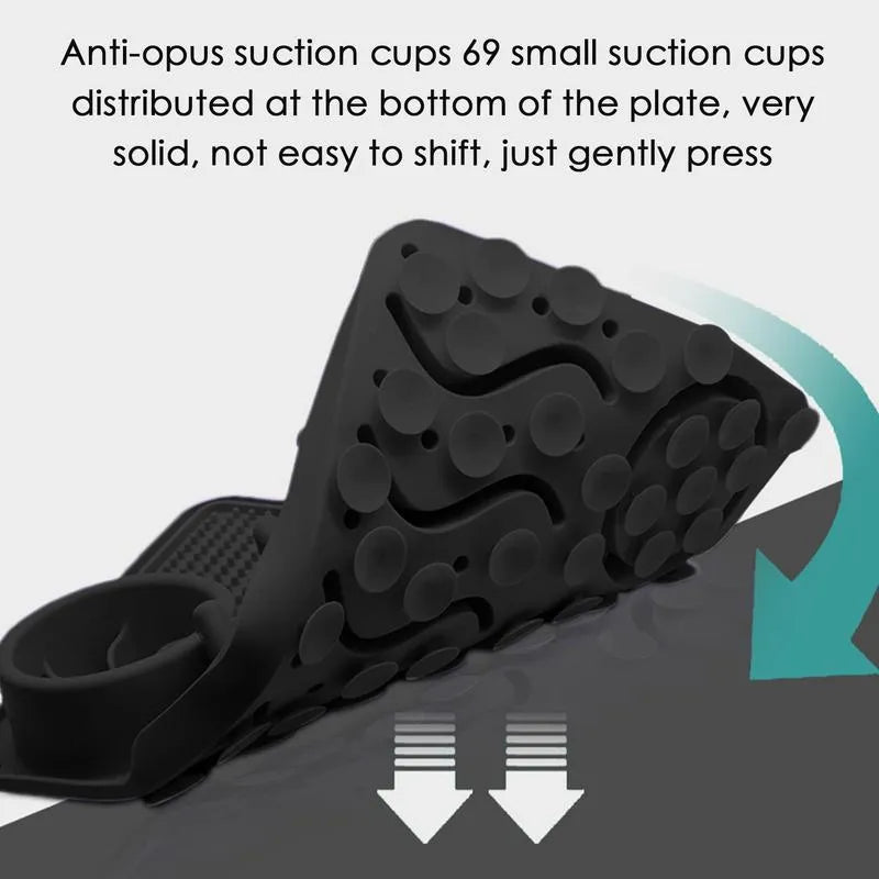 Multi-functional silicone pet slow feed lick mat in black, 304x204x42mm, foldable and portable for dogs cats