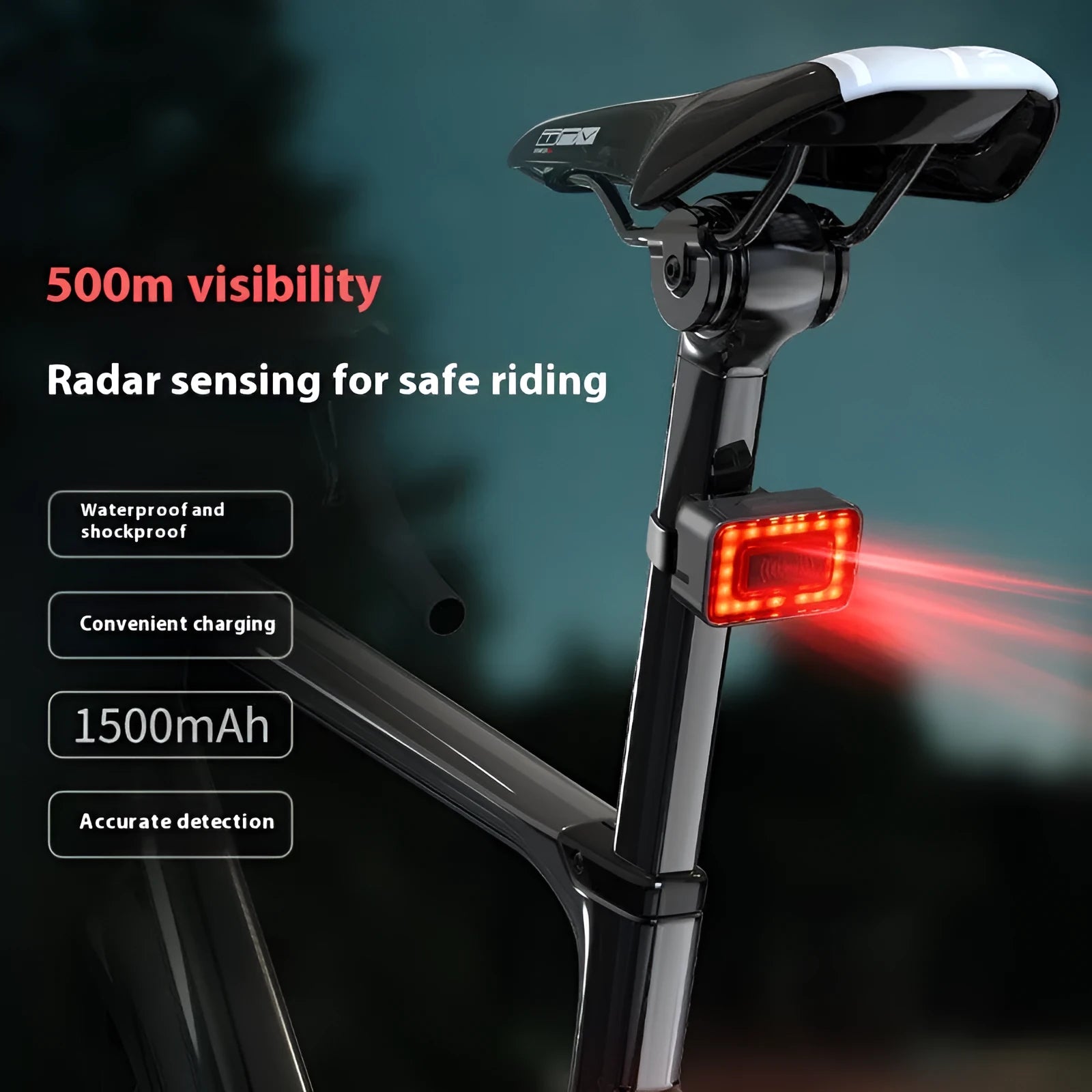 Black bicycle taillight with radar sensor mounted on dual seat post brackets, showing TYPE-C charging port.