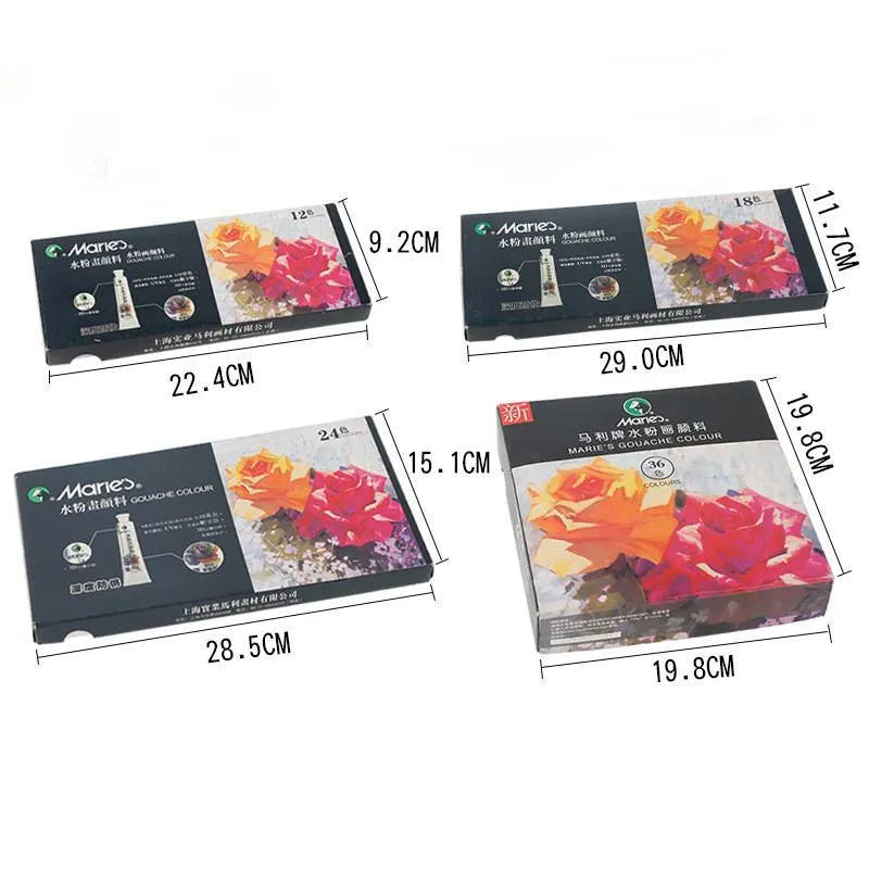 Boxed set of gouache paint tubes in 12, 18, or 24 colours for artists.