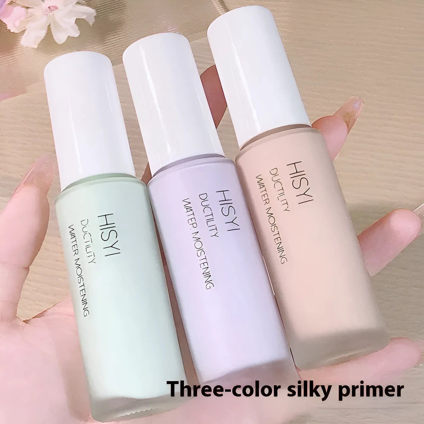 Clear silky makeup primer bottle for brightening, showing shade options 01, 02, and 03.