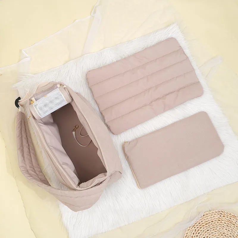 Large capacity soft surface messenger pet carrier bag in beige with small dog inside