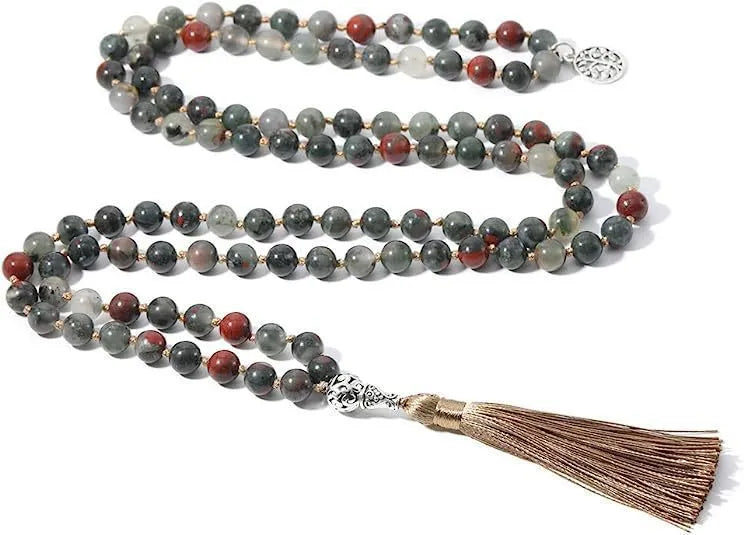 Handmade knotted necklace with 108 natural stone beads and pendant on 81cm chain