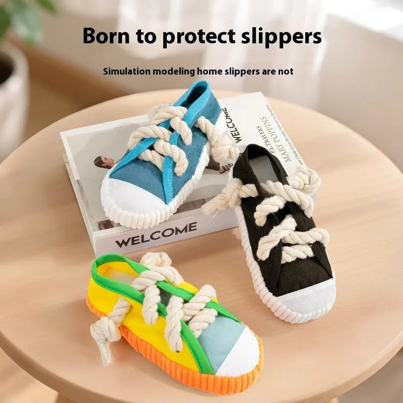 Plastic dog slippers toy in rock yellow, black, and sea fog blue colours with sound feature.