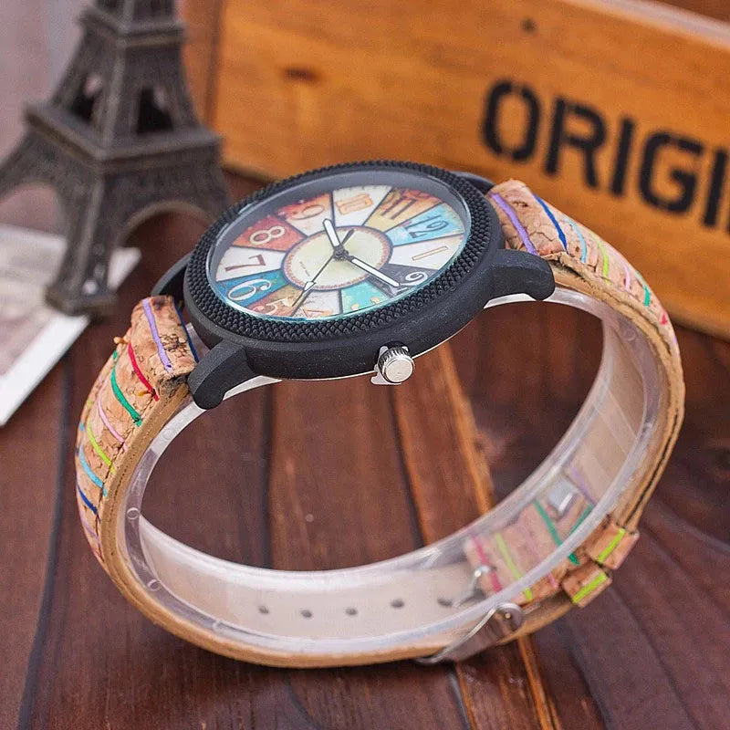 Women's vintage leather quartz watch with round 37mm dial and stainless steel buckle