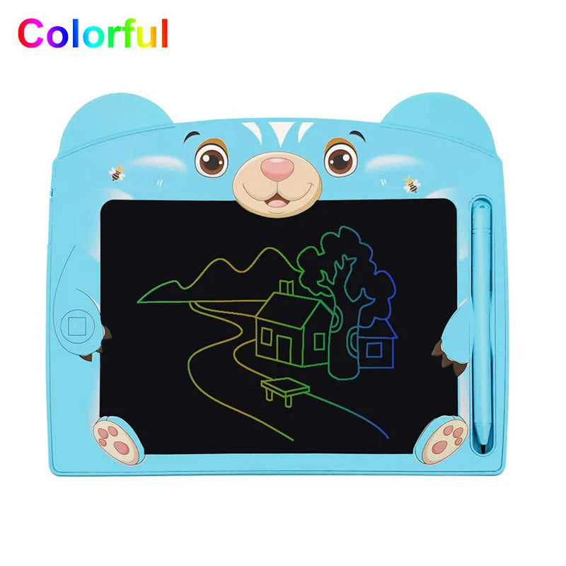 Cartoon children's LCD handwriting drawing board in sky blue, showing a doodle on the 230mm screen with stylus