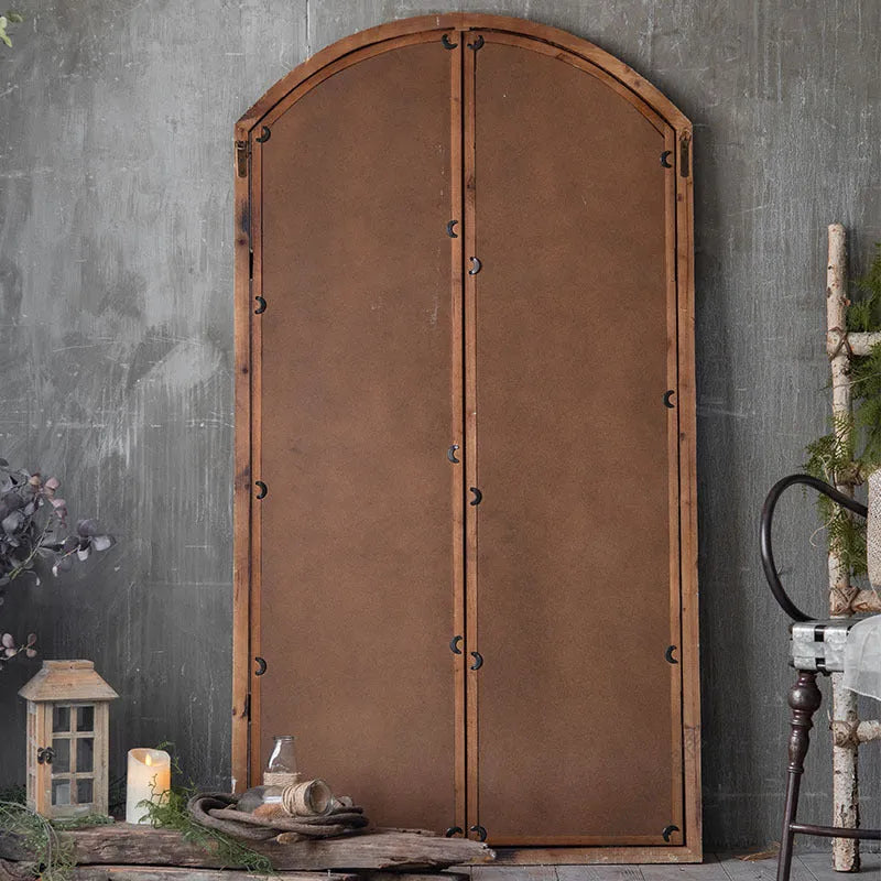 Terrace distressed fake window wall mirror in log colour with wooden glass construction