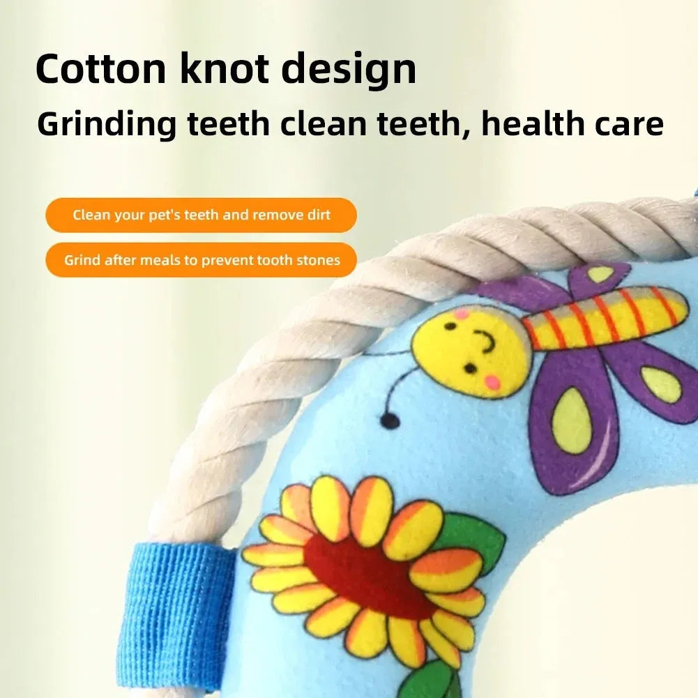 Blue dog pull ring made from soft plush with squeaker, 25cm diameter