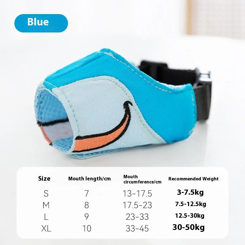 Canvas dog muzzle in Bondi Blue Shark pattern showing adjustable sizing for bite prevention
