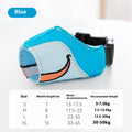 Canvas dog muzzle in Bondi Blue Shark pattern showing adjustable sizing for bite prevention