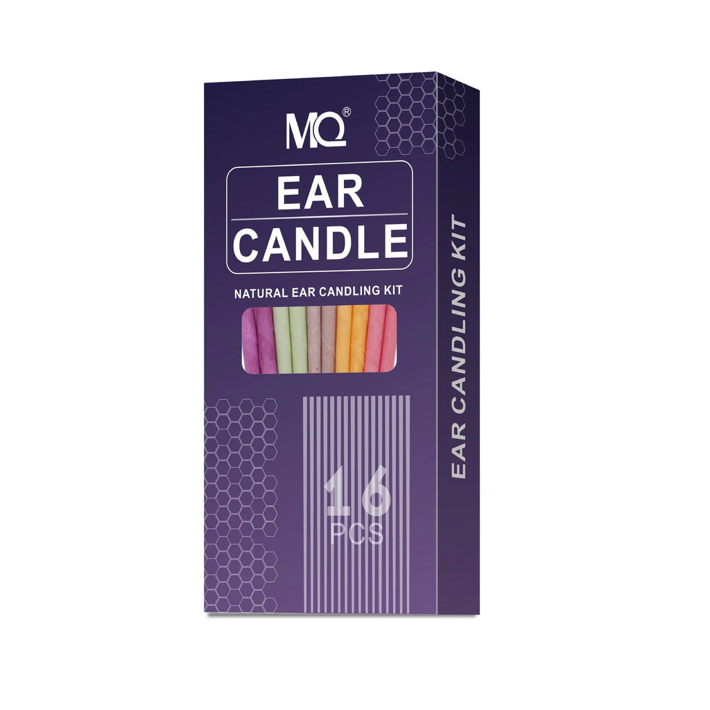MQ Horn ear candle health massage kit showing cotton candles, protection boards, and swabs in assorted colours.