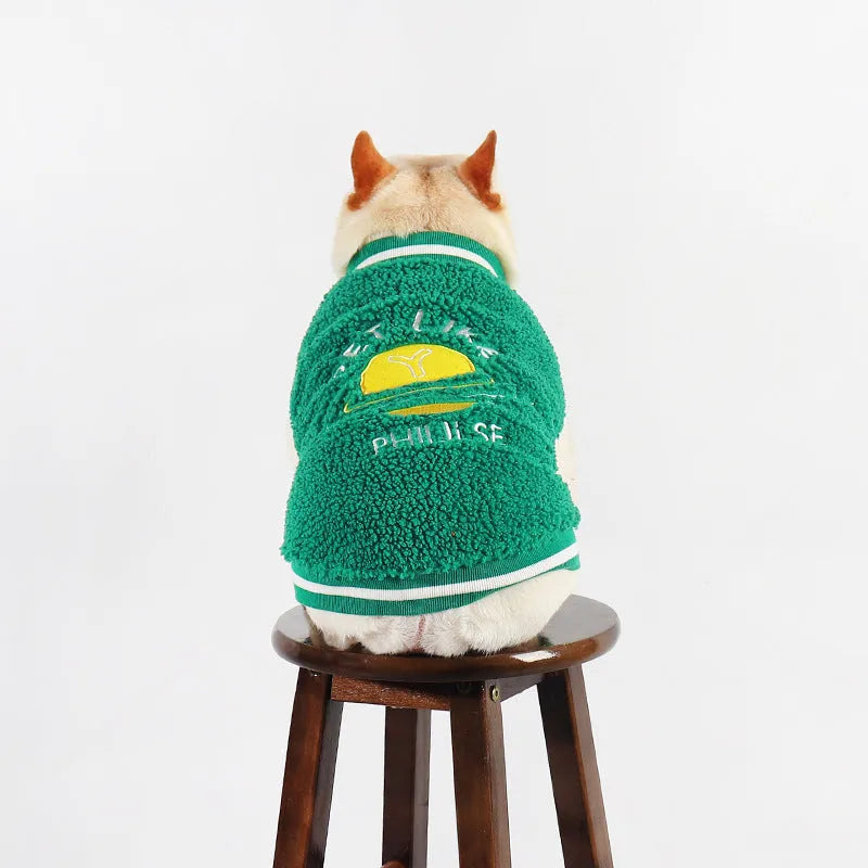 Green fleece-lined cotton winter dog clothing shown in sizes L through 4XL