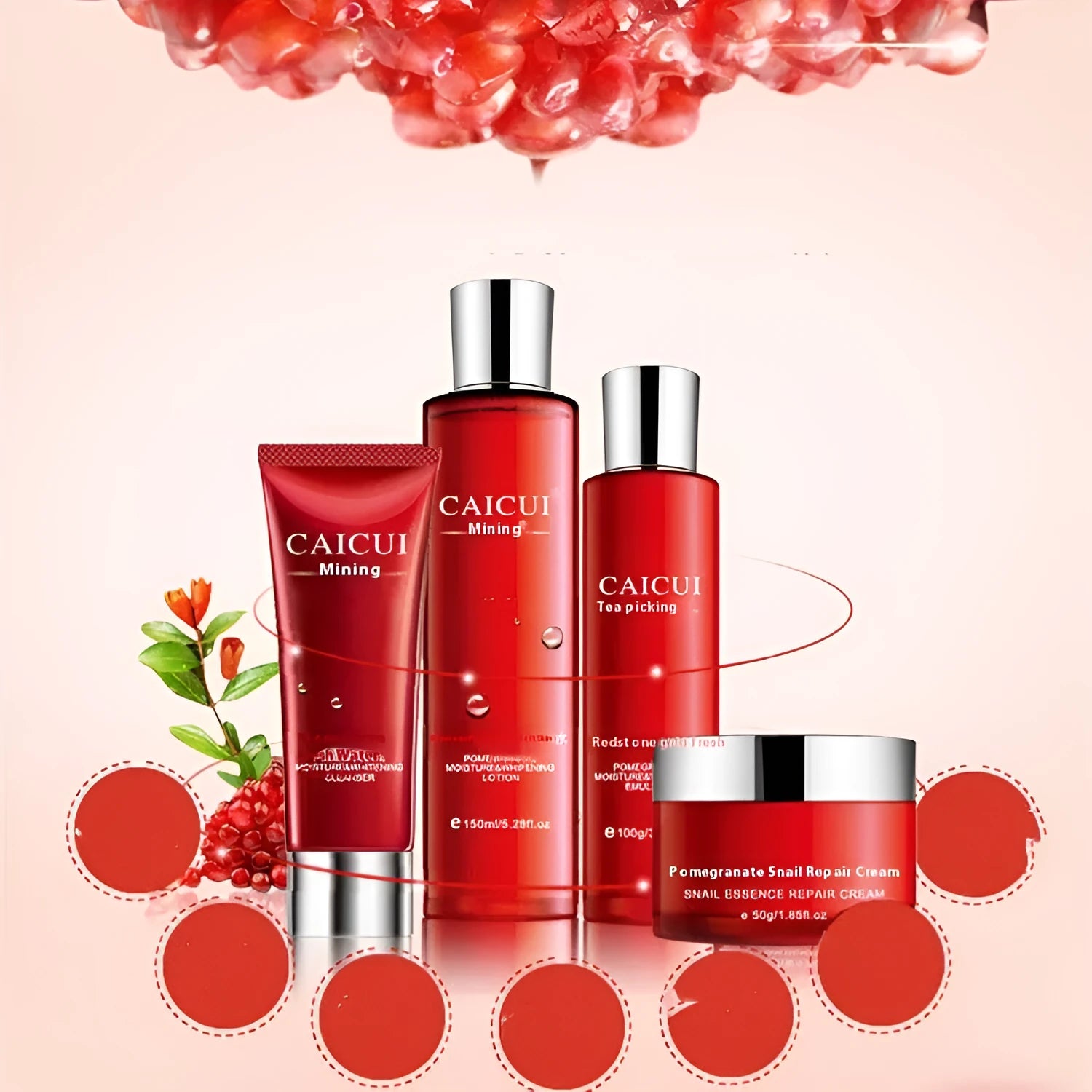 Pomegranate skincare set with four red packaged products: cleanser, toner, lotion and facial cream