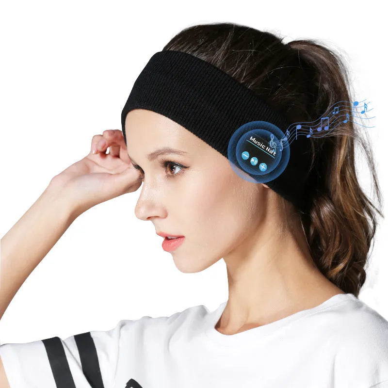 Black Bluetooth sports eye mask scarf with removable panels and integrated speakers